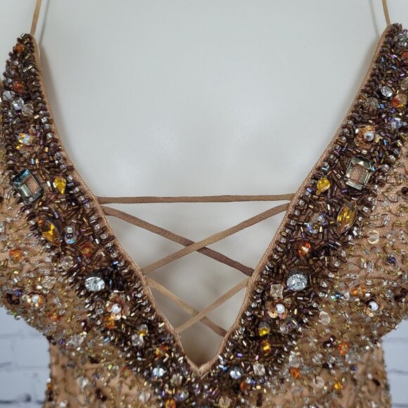 NWD Morell Maxie Brown Silk Chiffon Beaded Rhinestone Strappy Dress 8 - Picture 5 of 16